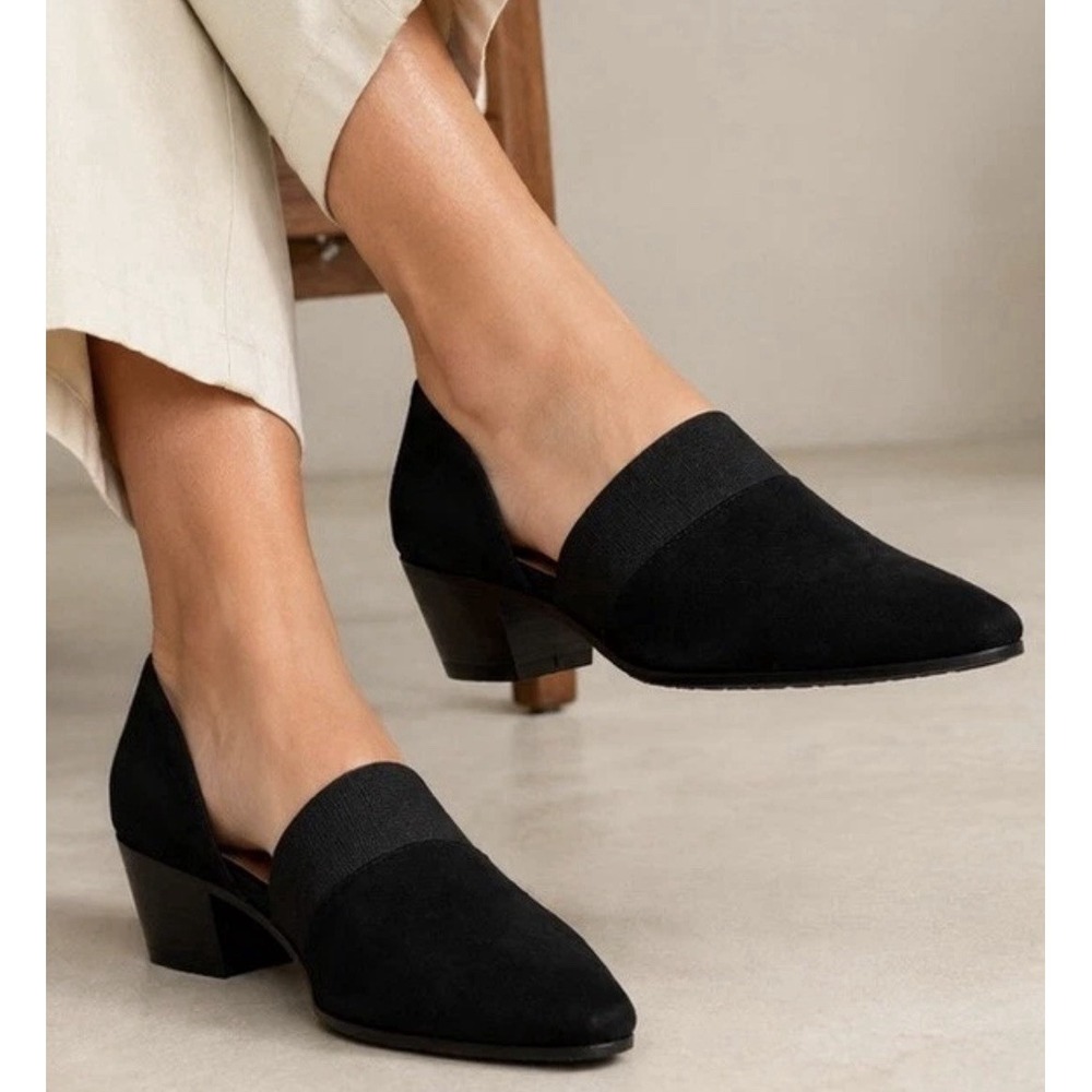Eileen Fisher 9.5 Black Suede Hilly D'Orsay Block Heel Shoes Minimalist